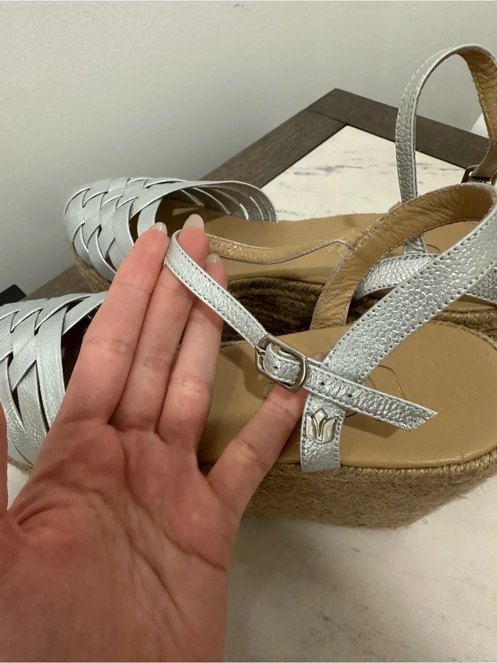 Metallic Silver Woven Espadrille Platform Wedge Sandals